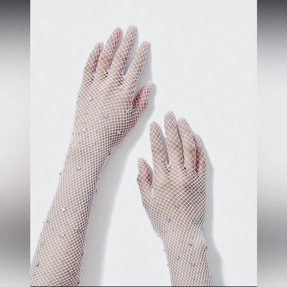 White Fishnet Mesh Rhinestone Gloves NEW 🏷️